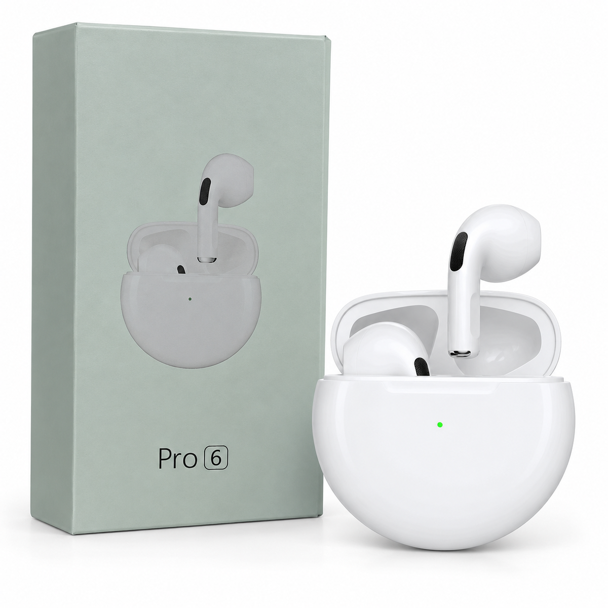 Ilustración IA referencial — Audífonos TWS Pro 6 Bluetooth 5.3 — Producto sobre fondo blanco — Galería Tecnobox 20261016 — Audífonos Tecnobox 20261016 1/6