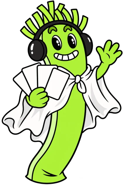 Personaje Tecnobox con cartas y disfraz de fantasma