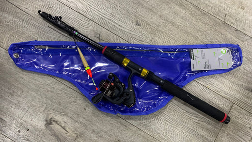 Kit caña de pescar telescópica 2,1 m con estuche, carrete y accesorios