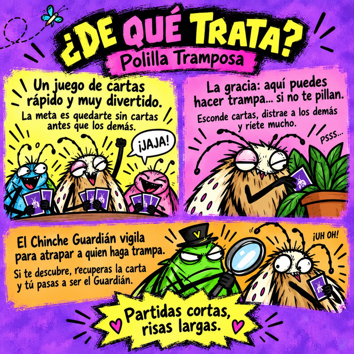 Polilla Tramposa — ¿De qué trata? Un juego de cartas rápido donde puedes hacer trampa si no te pillan