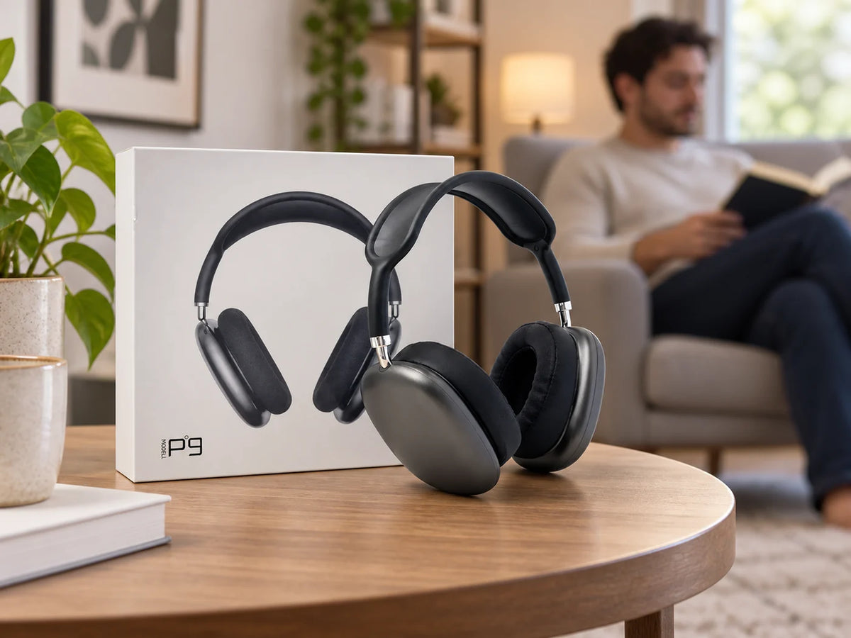 Ilustración IA — audifonos bluetooth 5 0 con entrada micro sd y auxiliar 3 5 mm — ambientación de uso. Objetos de ambientación no incluidos.