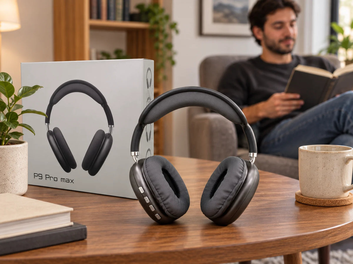 Ilustración IA — audifonos bluetooth con cancelacion de ruido — ambientación de uso. Objetos de ambientación no incluidos.