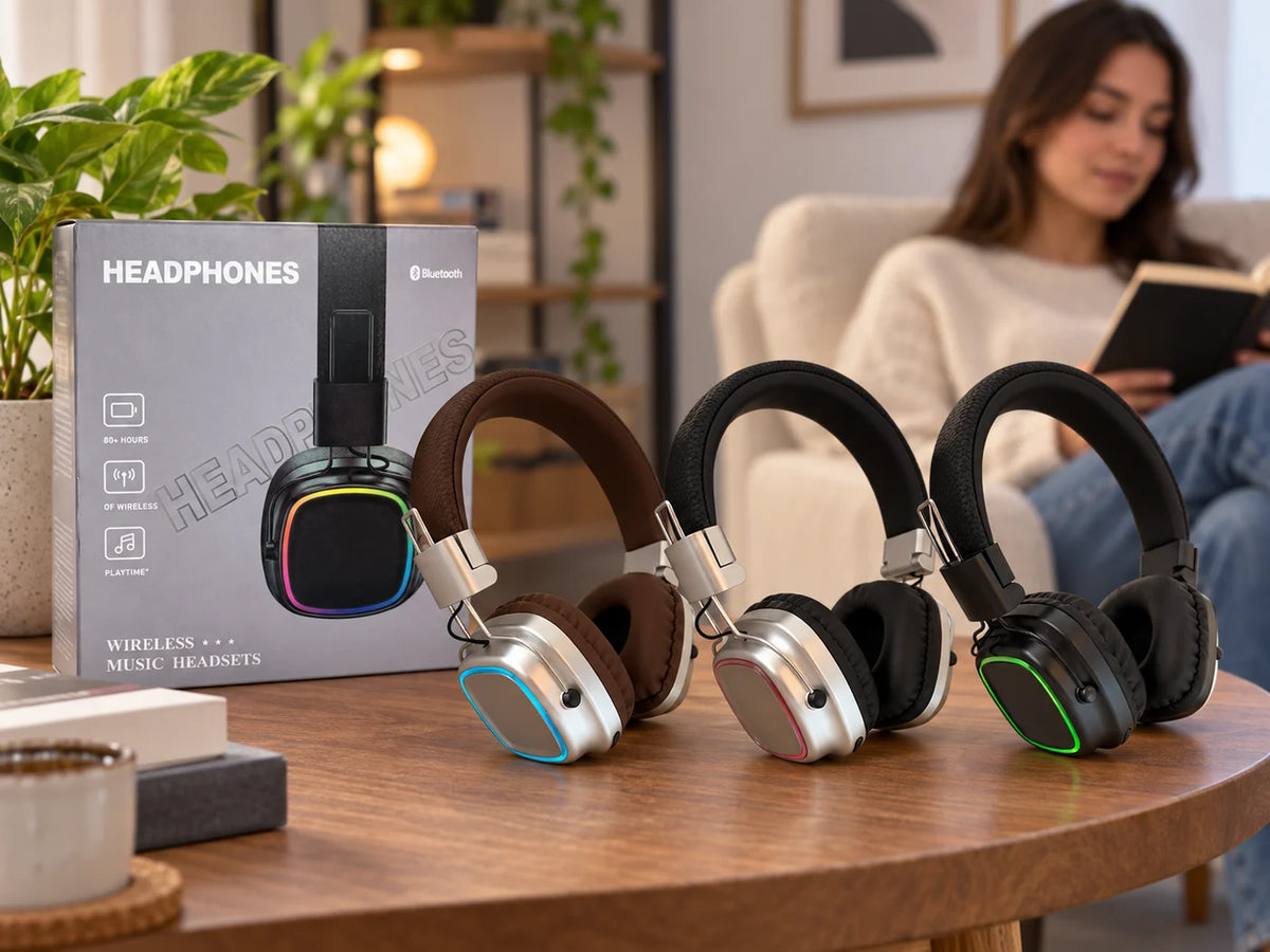 Ilustración IA — audifonos bluetooth rgb con micro sd y entrada auxiliar — ambientación de uso. Objetos de ambientación no incluidos.