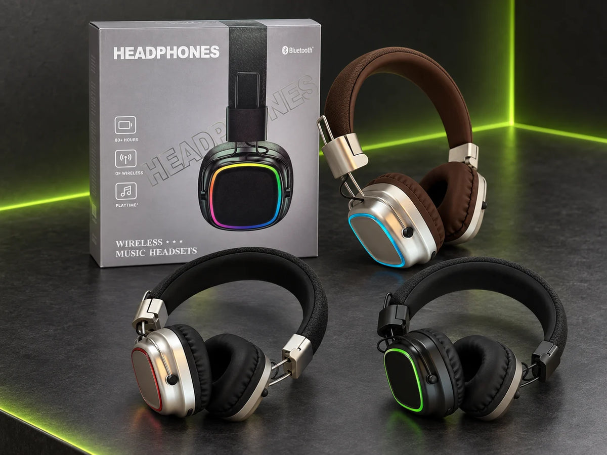 Ilustración IA — audifonos bluetooth rgb con micro sd y entrada auxiliar — presentación sobre mesa. Objetos de ambientación no incluidos.