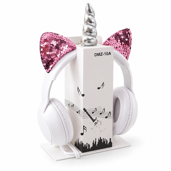 Ilustración IA referencial — AUDIFONO TIPO CASCO UNICORNIO AUXILIAR 3.5MM — Producto sobre fondo blanco — Galería Tecnobox 20261016 — Audífonos Tecnobox 20261016 1/6