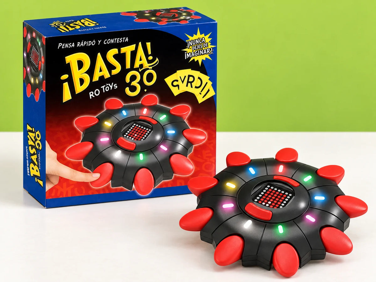 Ilustración IA — basta 3 0 juego electronico con tablero digital — vista de detalle. Objetos de ambientación no incluidos.