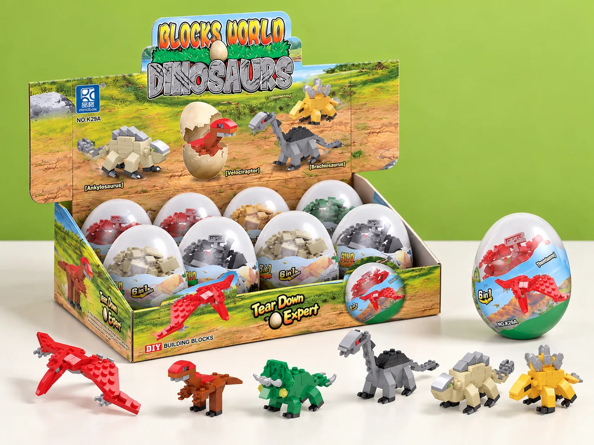 Ilustración IA — bloques armables de dinosaurio en capsula huevo — vista de detalle. Objetos de ambientación no incluidos.
