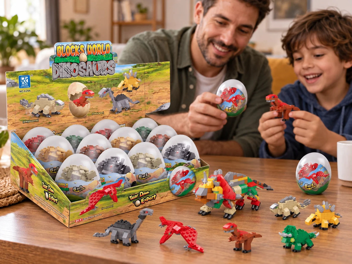 Ilustración IA — bloques armables de dinosaurio en capsula huevo — ambientación de uso. Objetos de ambientación no incluidos.