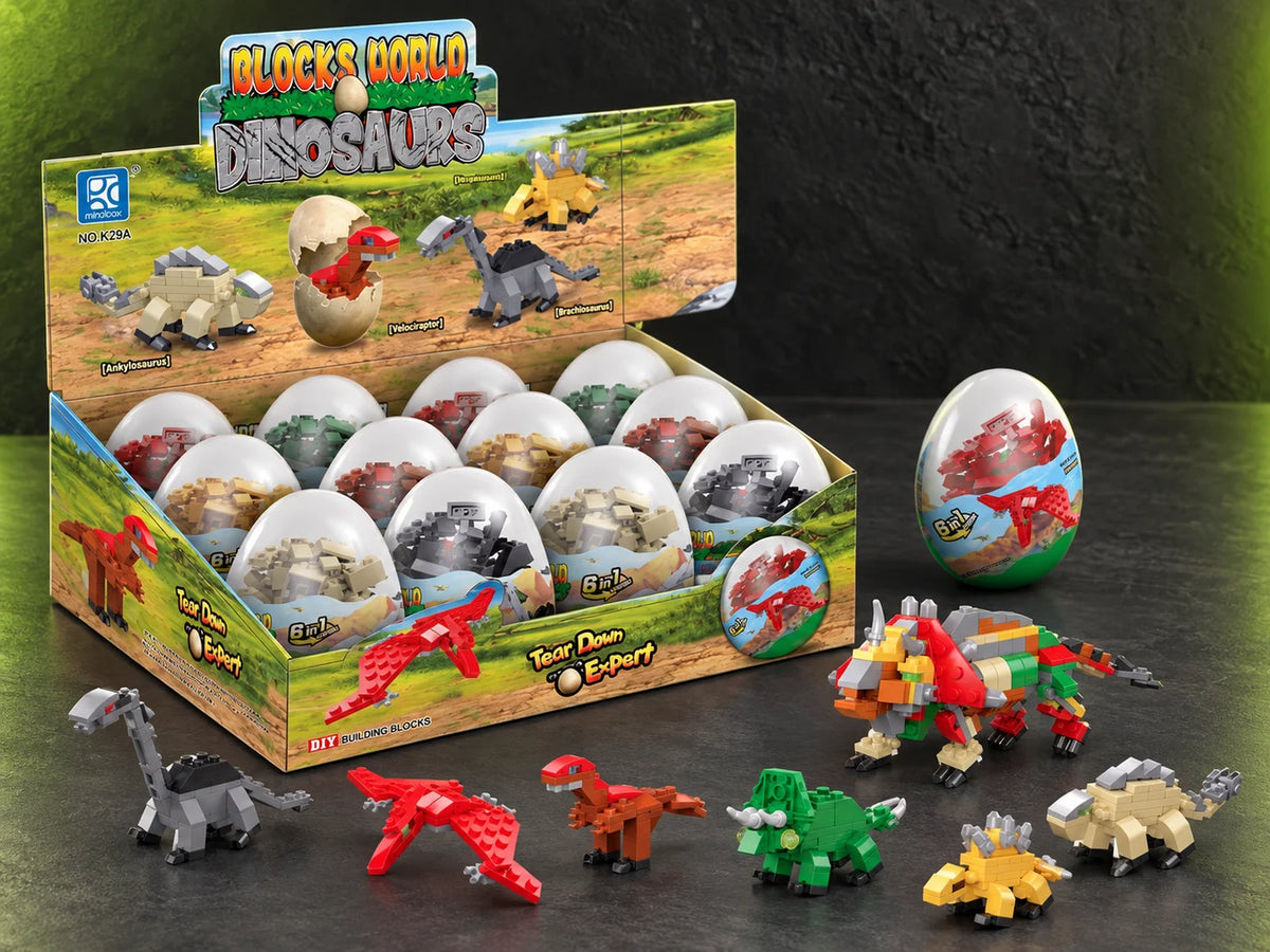 Ilustración IA — bloques armables de dinosaurio en capsula huevo — presentación sobre mesa. Objetos de ambientación no incluidos.