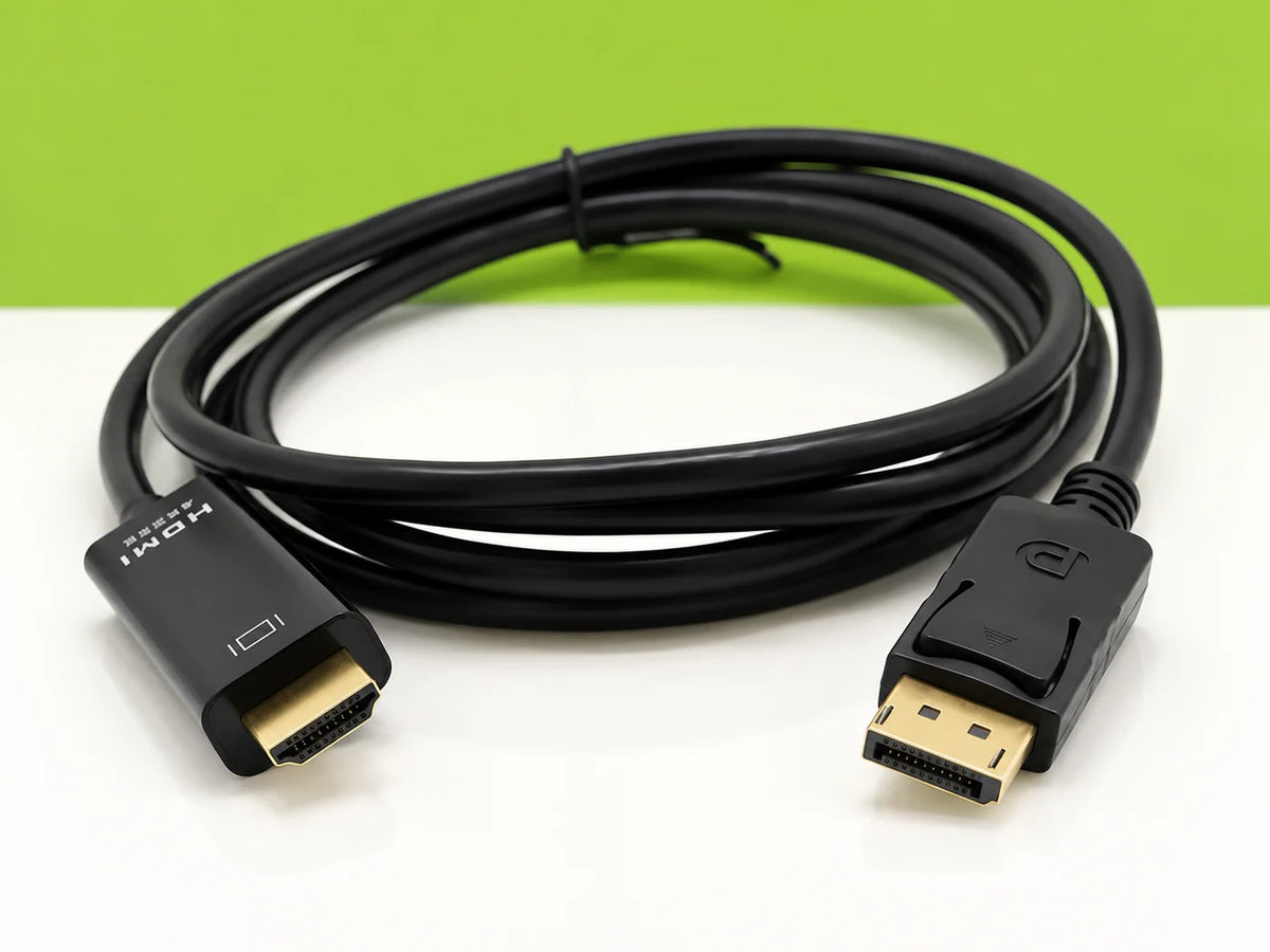Ilustración IA — cable adaptador displayport a hdmi 4k 1 8 metros — vista de detalle. Objetos de ambientación no incluidos.