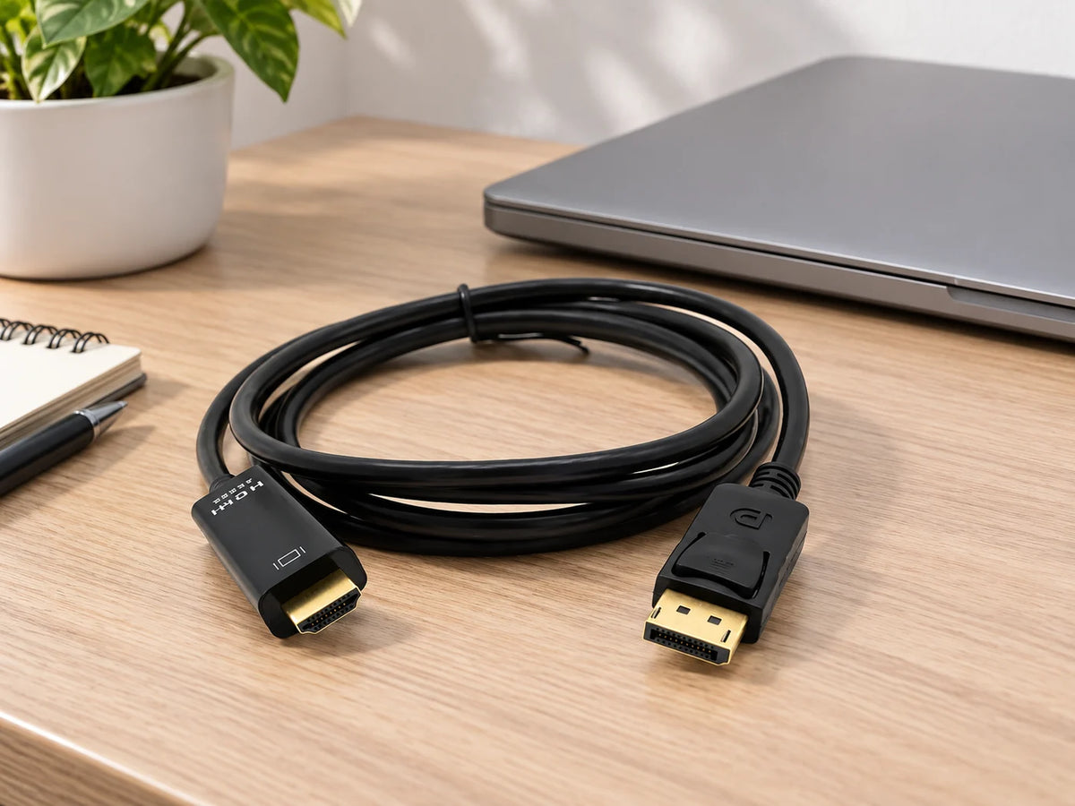 Ilustración IA — cable adaptador displayport a hdmi 4k 1 8 metros — ambientación de uso. Objetos de ambientación no incluidos.
