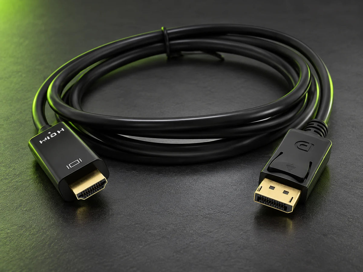 Ilustración IA — cable adaptador displayport a hdmi 4k 1 8 metros — presentación sobre mesa. Objetos de ambientación no incluidos.