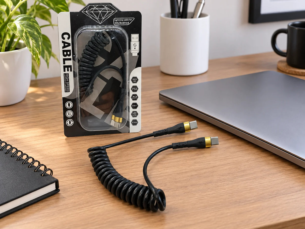 Ilustración IA — cable espiral usb c a usb c 120w — ambientación de uso. Objetos de ambientación no incluidos.