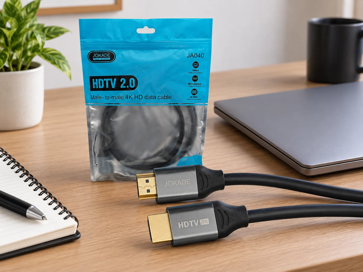 Ilustración IA — cable hdmi 4k 2 metros — ambientación de uso. Objetos de ambientación no incluidos.