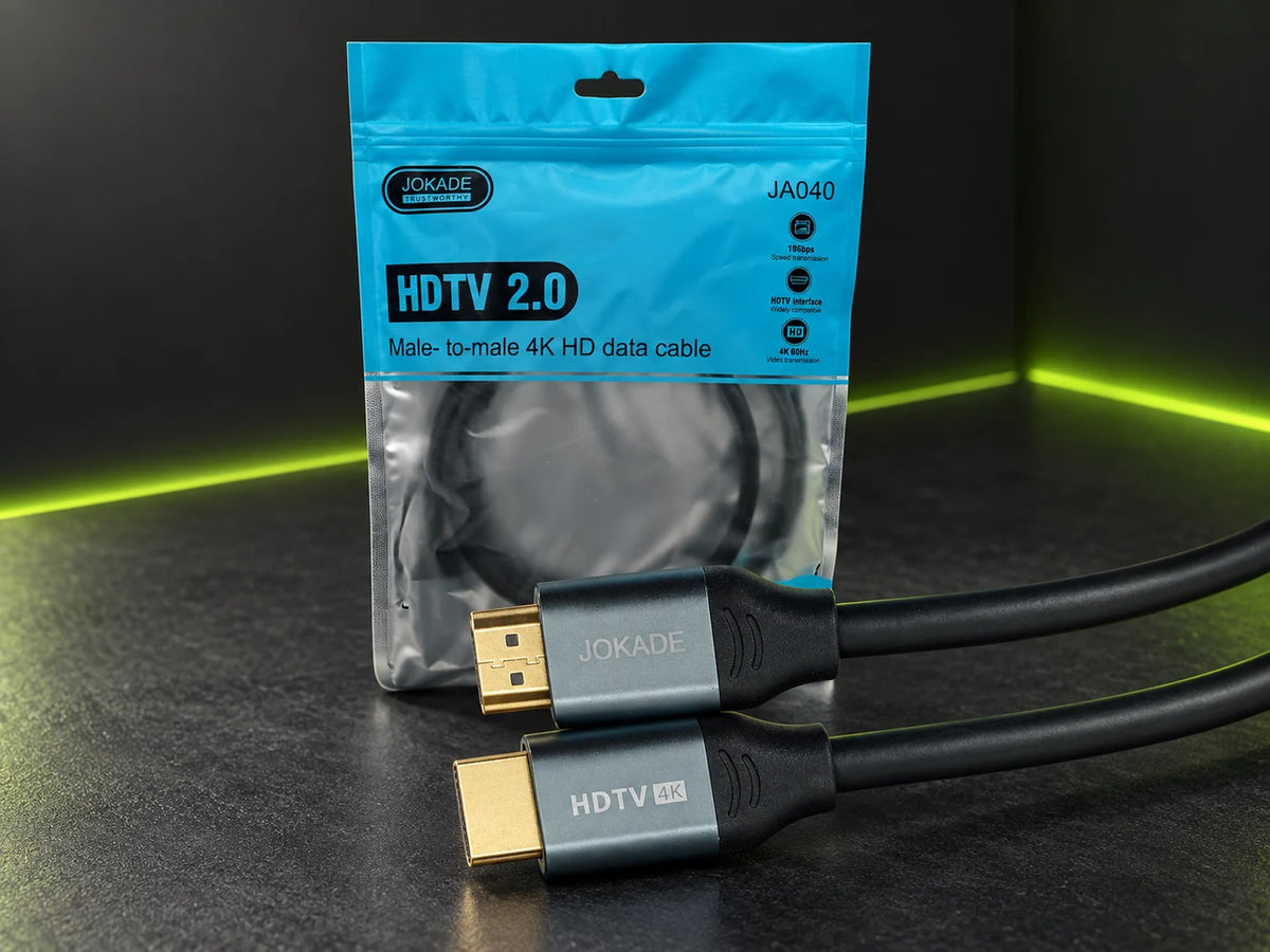Ilustración IA — cable hdmi 4k 2 metros — presentación sobre mesa. Objetos de ambientación no incluidos.