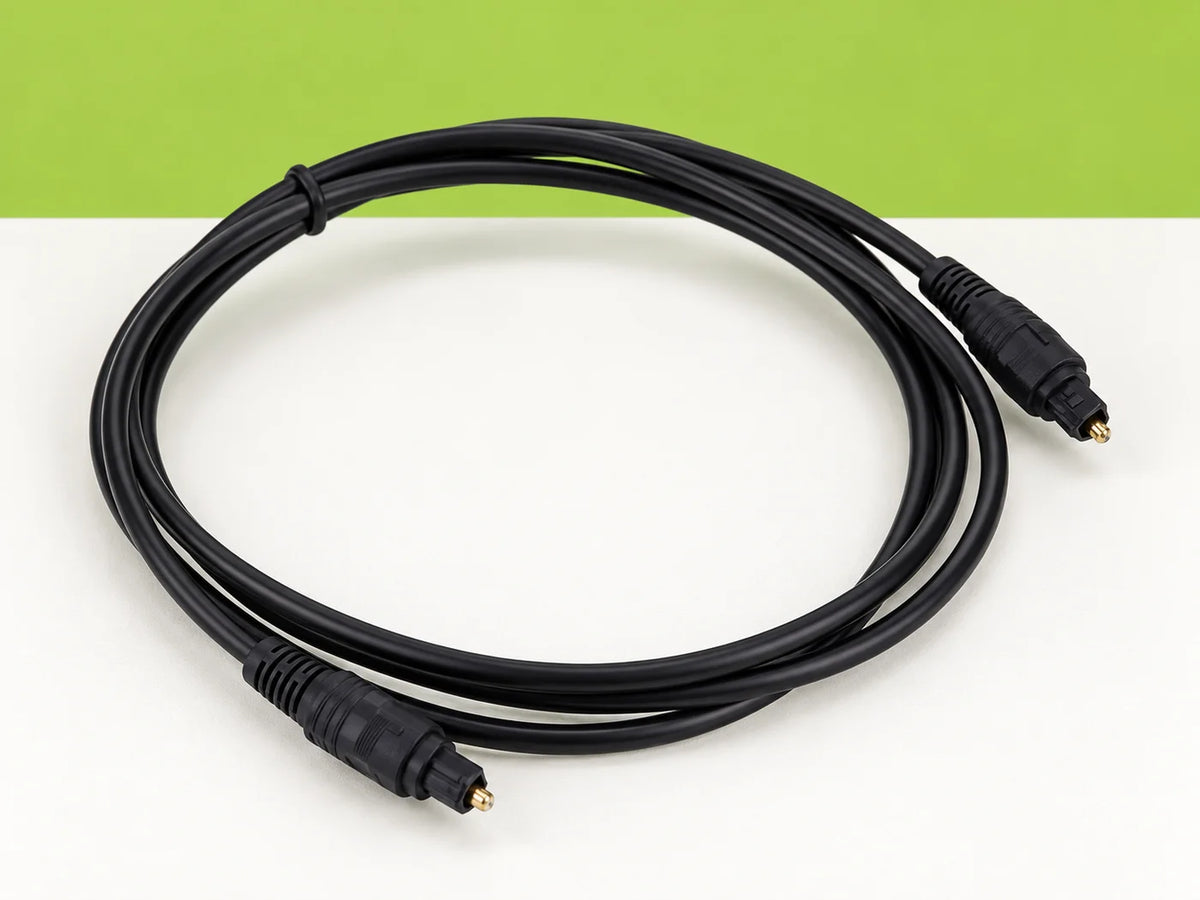 Ilustración IA — cable optico de audio 10 metros — vista de detalle. Objetos de ambientación no incluidos.