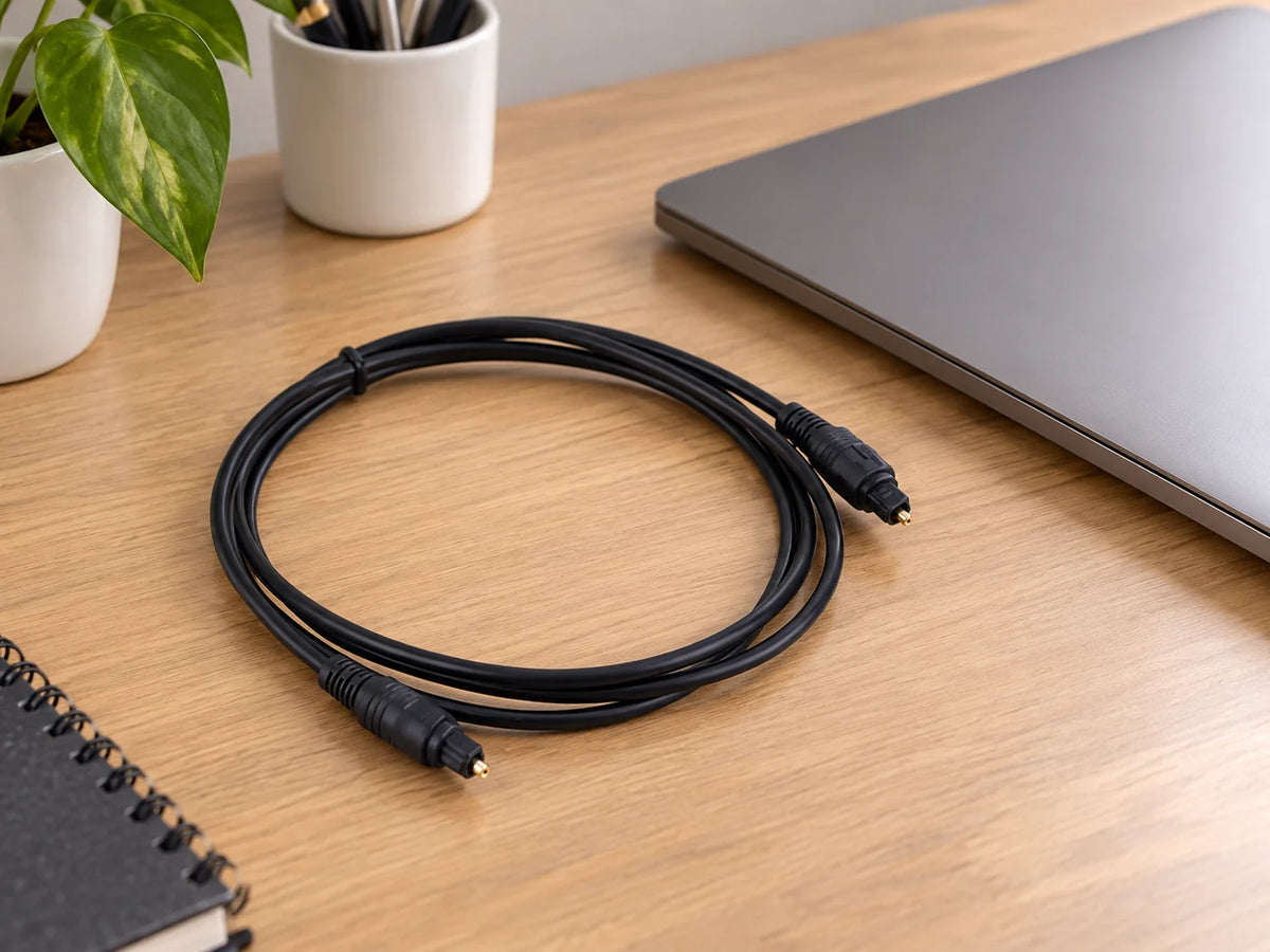 Ilustración IA — cable optico de audio 10 metros — ambientación de uso. Objetos de ambientación no incluidos.