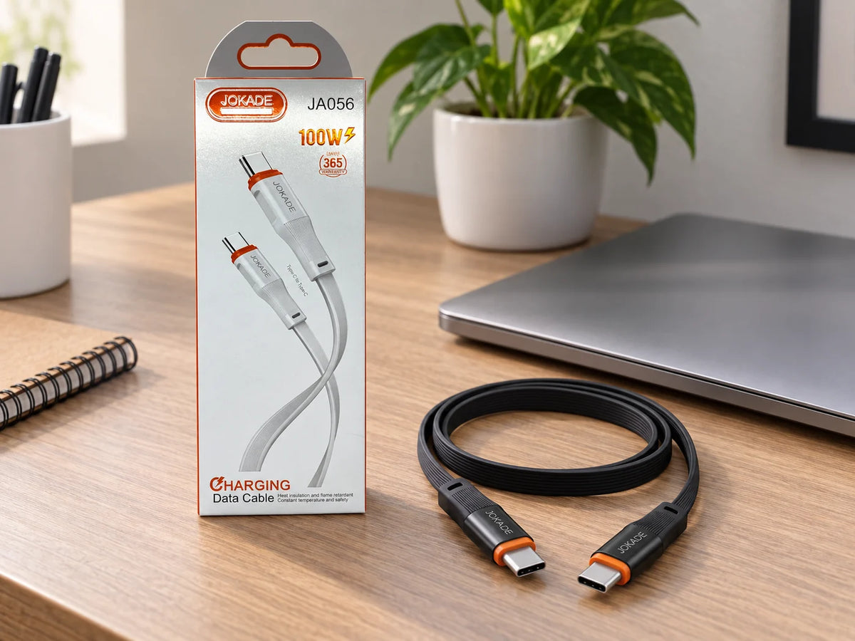 Ilustración IA — cable plano usb c a usb c 100w pirorretardante 1 metro — ambientación de uso. Objetos de ambientación no incluidos.