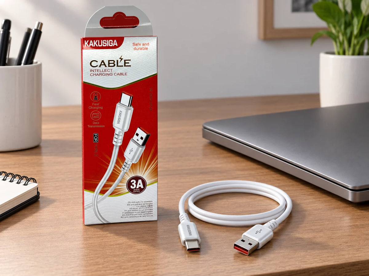 Ilustración IA — cable usb a a usb c 3a 1 metro — ambientación de uso. Objetos de ambientación no incluidos.