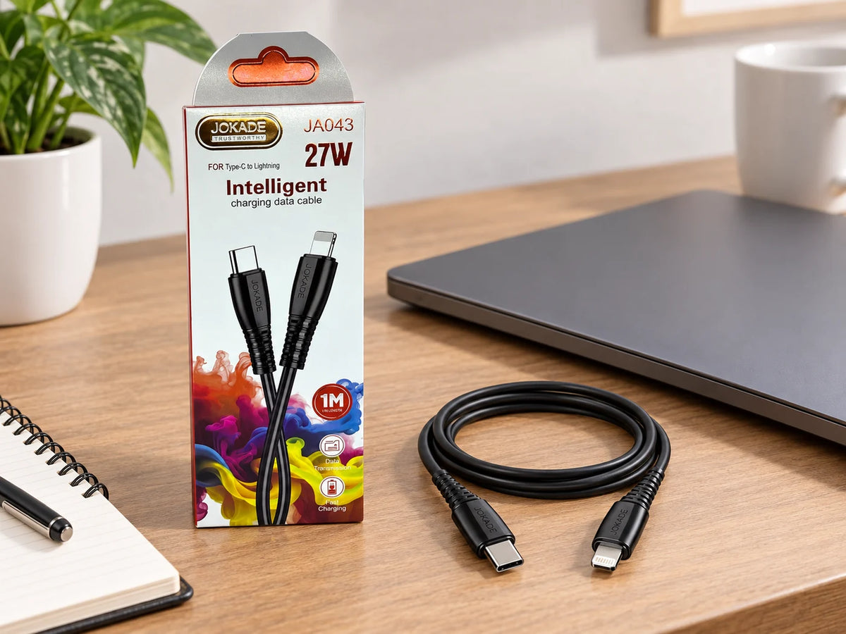 Ilustración IA — cable usb c a lightning 27w 1 metro — ambientación de uso. Objetos de ambientación no incluidos.