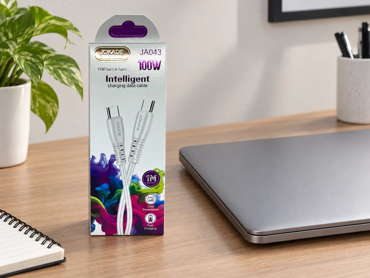 Ilustración IA — cable usb c a usb c 100w 1 metro — ambientación de uso. Objetos de ambientación no incluidos.