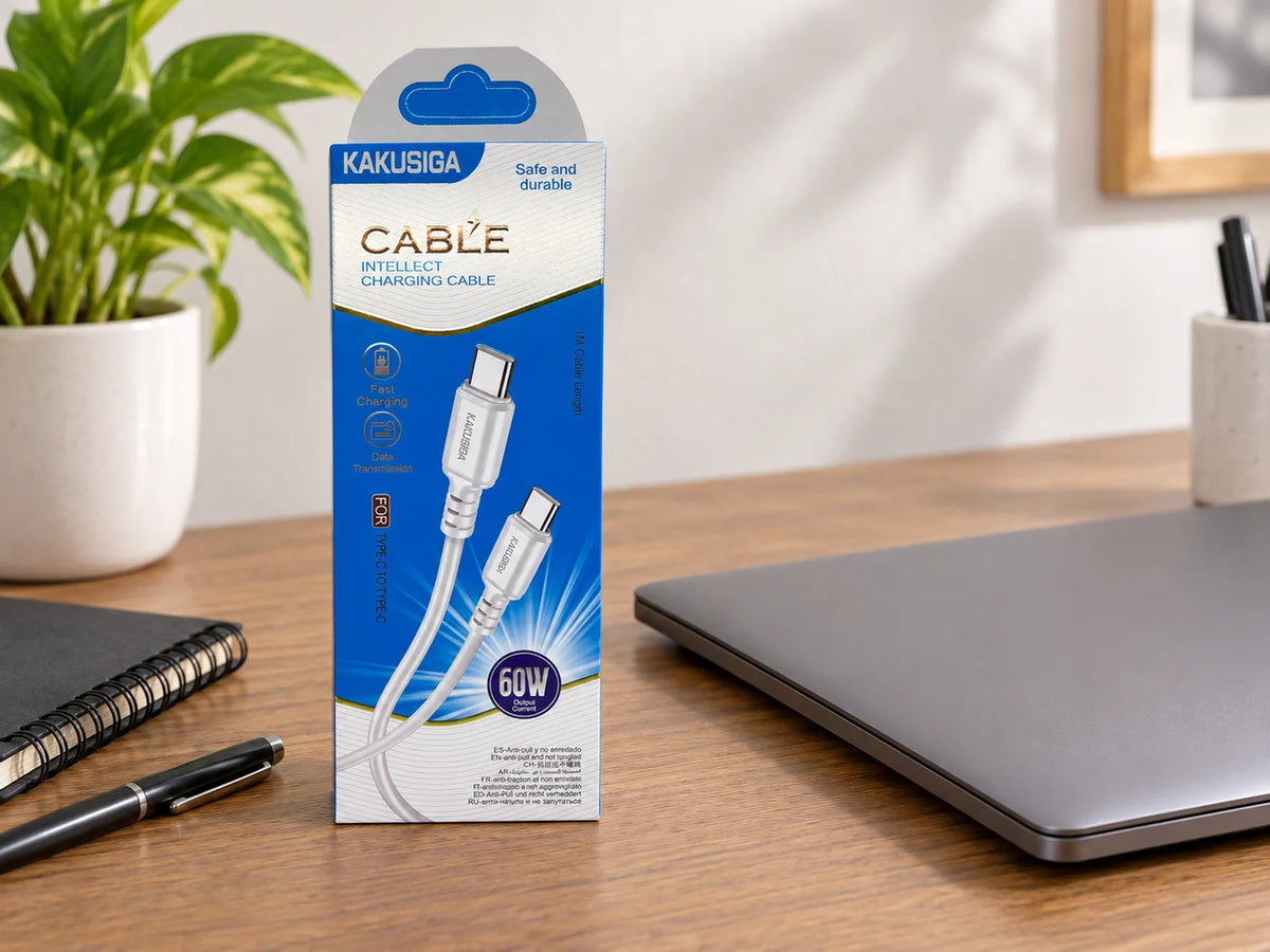 Ilustración IA — cable usb c a usb c 60w 1 metro — ambientación de uso. Objetos de ambientación no incluidos.