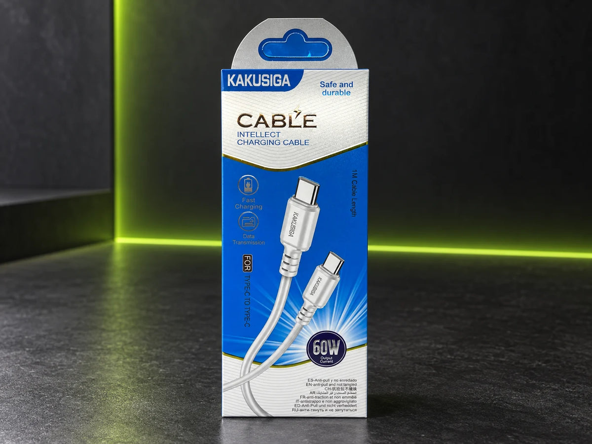 Ilustración IA — cable usb c a usb c 60w 1 metro — presentación sobre mesa. Objetos de ambientación no incluidos.