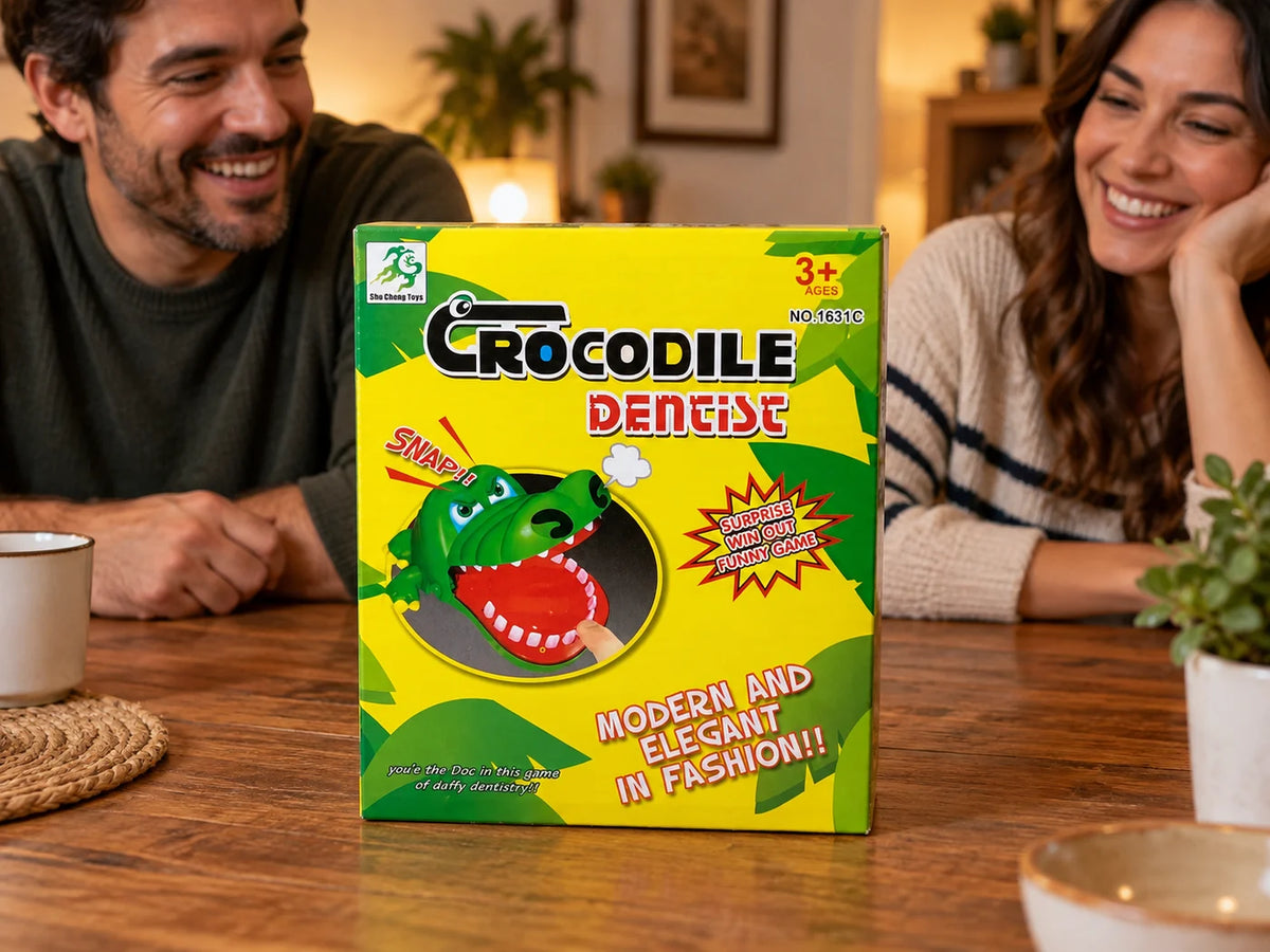 Ilustración IA — cocodrilo mordelon juego de broma — ambientación de uso. Objetos de ambientación no incluidos.
