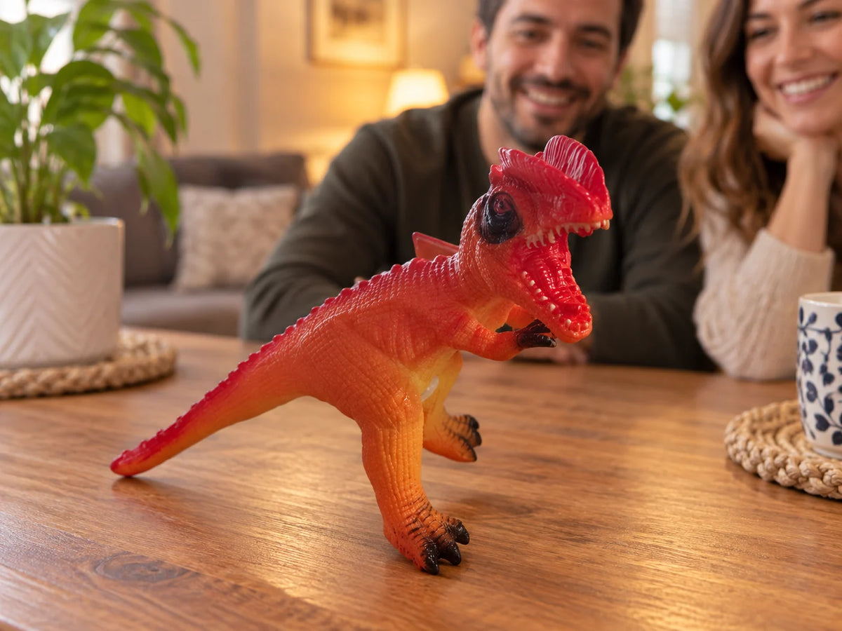 Ilustración IA — dinosaurio coleccionable 28 cm con sonido — ambientación de uso. Objetos de ambientación no incluidos.