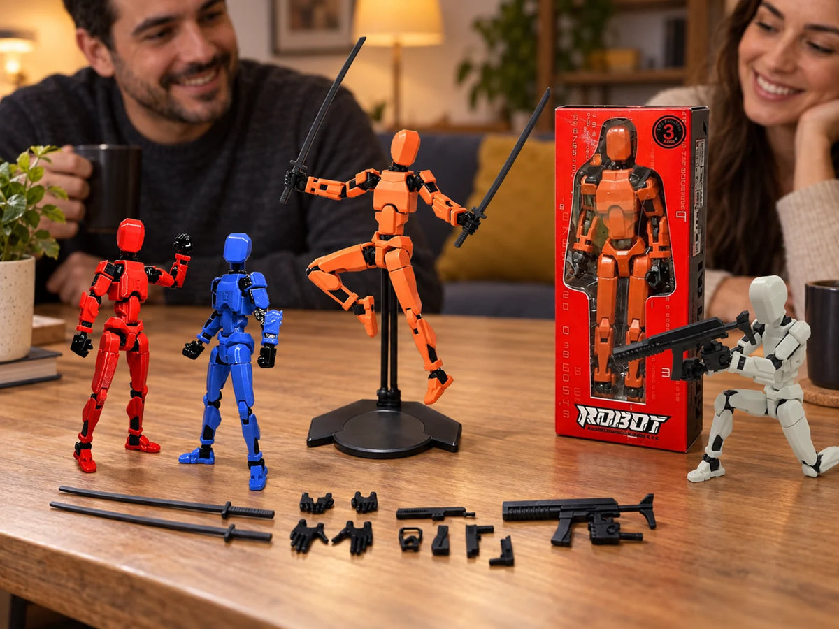 Ilustración IA — figuras articuladas 3d dummy 13 titan robot — ambientación de uso. Objetos de ambientación no incluidos.