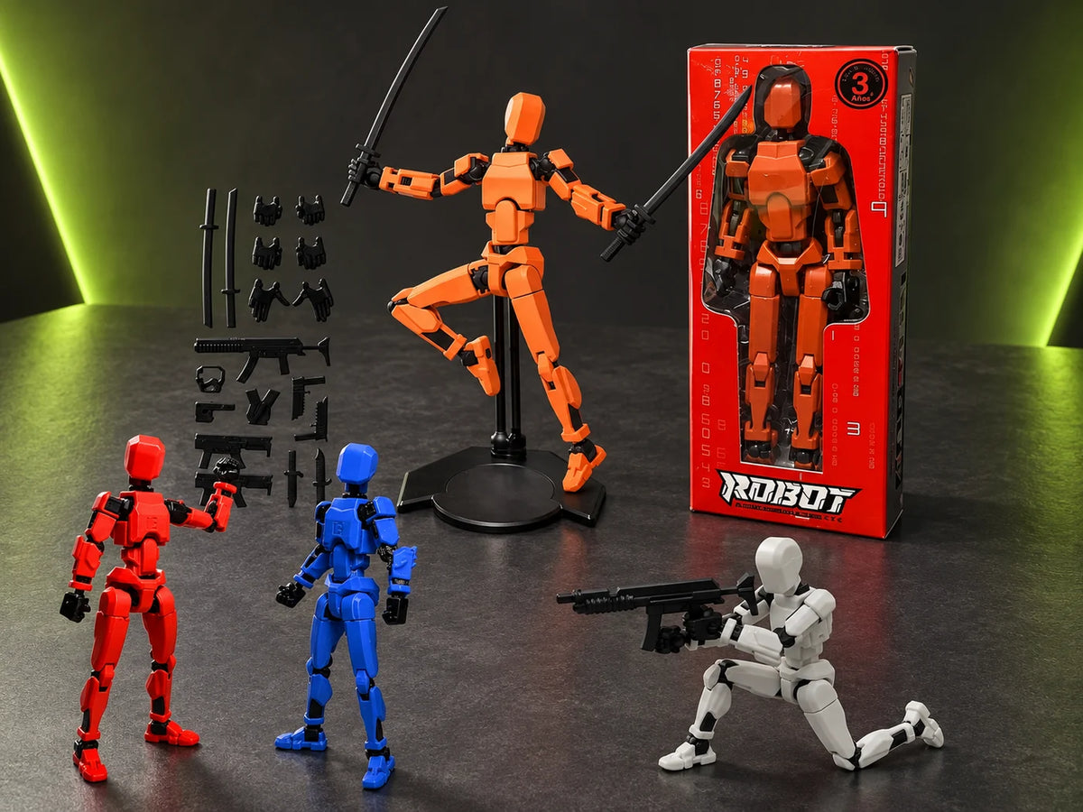 Ilustración IA — figuras articuladas 3d dummy 13 titan robot — presentación sobre mesa. Objetos de ambientación no incluidos.