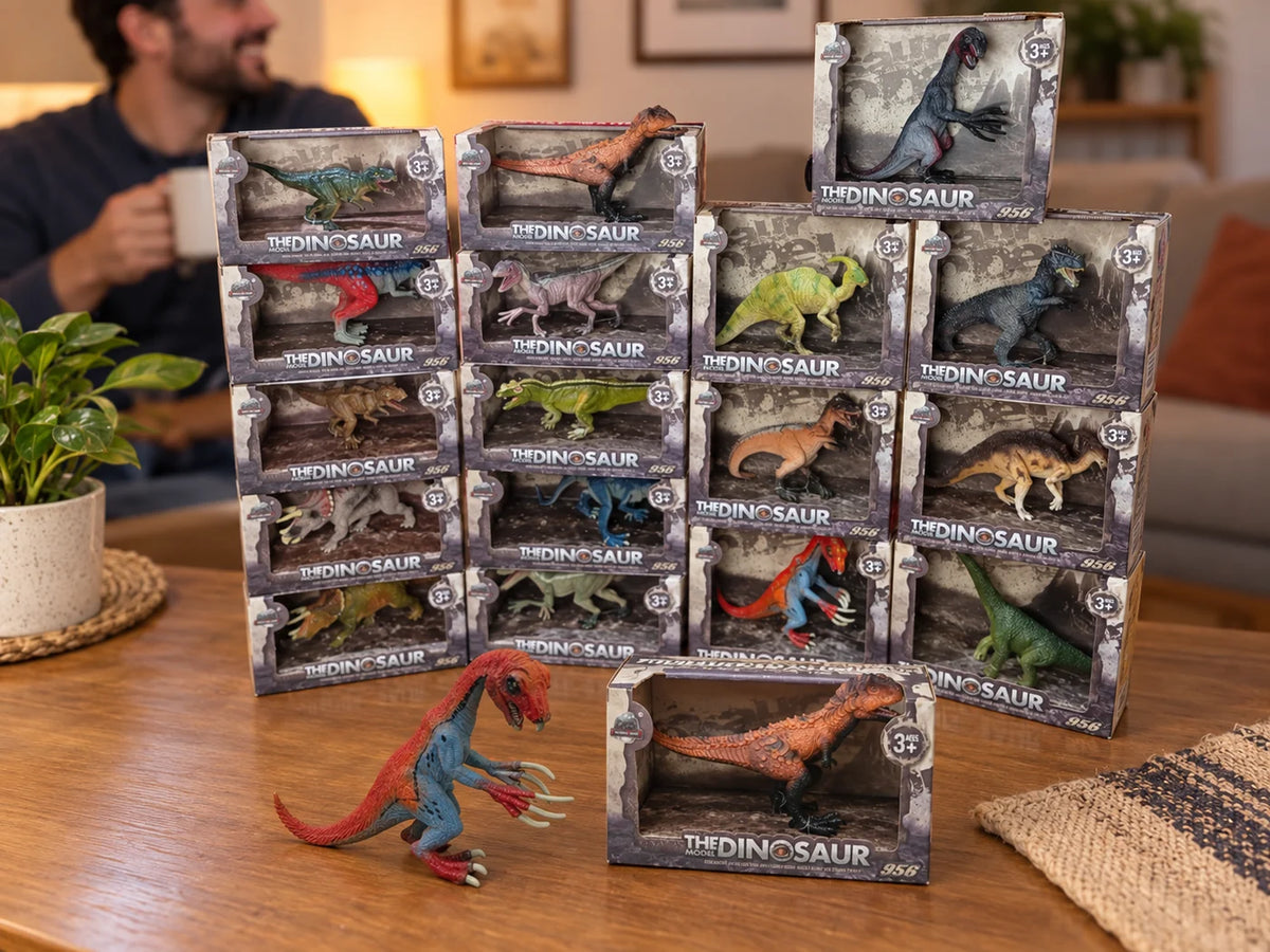 Ilustración IA — figuras de dinosaurios realistas mundo jurasico — ambientación de uso. Objetos de ambientación no incluidos.