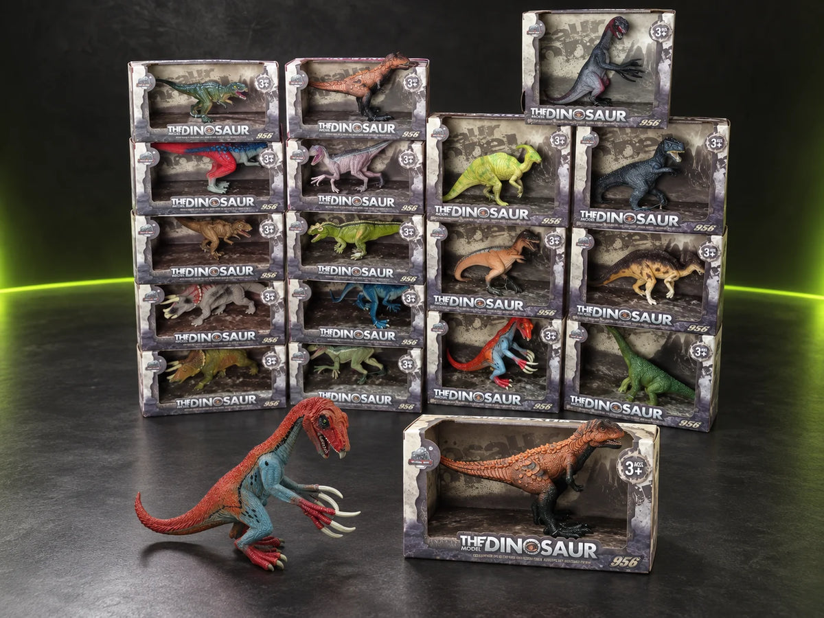 Ilustración IA — figuras de dinosaurios realistas mundo jurasico — presentación sobre mesa. Objetos de ambientación no incluidos.