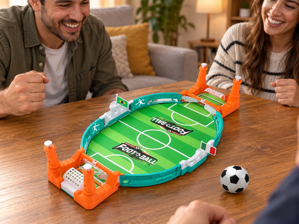 Ilustración IA — futbolito de mesa modelo grande — ambientación de uso. Objetos de ambientación no incluidos.
