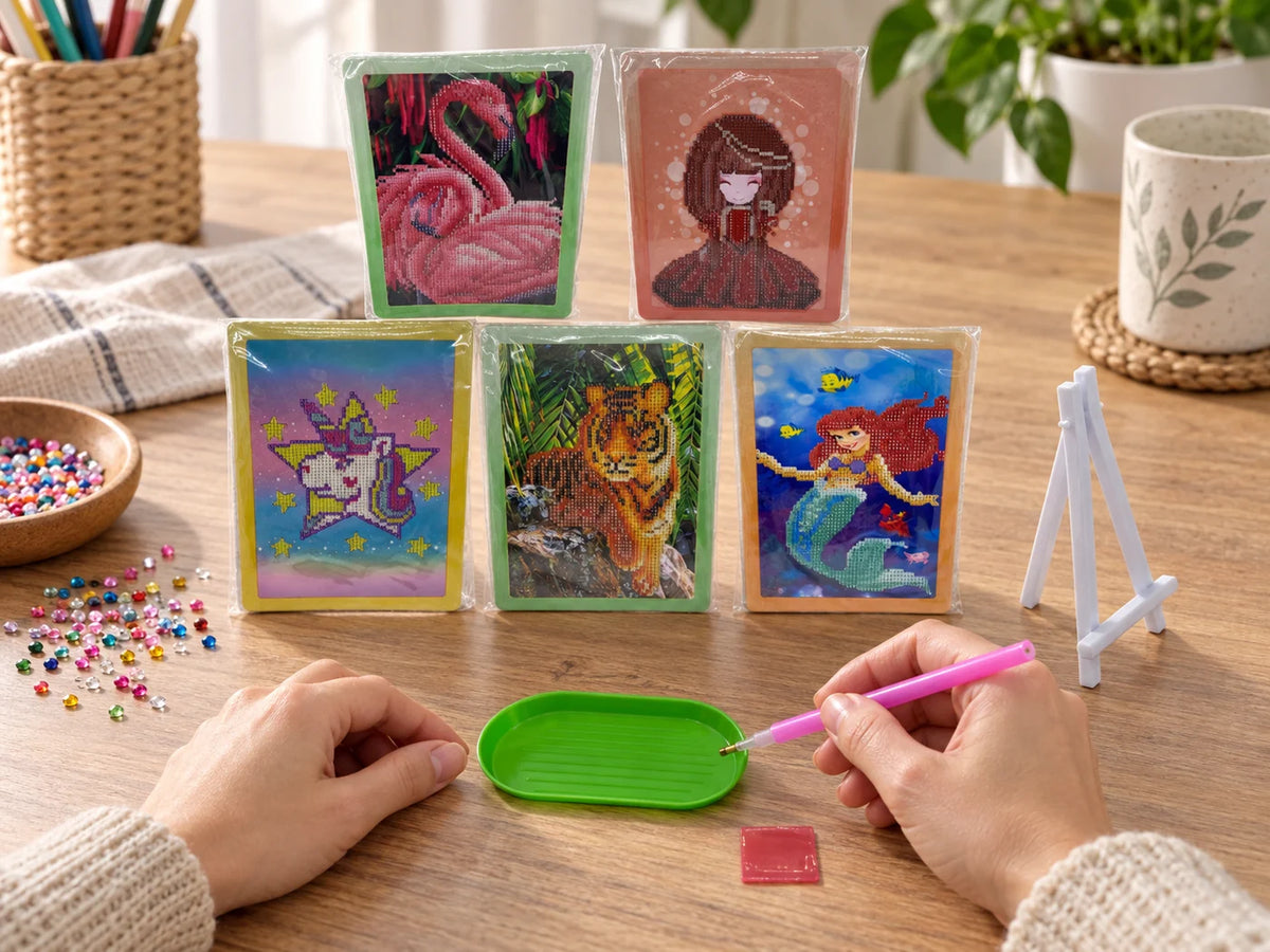Ilustración IA — kit de pintura de diamantes con atril — ambientación de uso. Objetos de ambientación no incluidos.