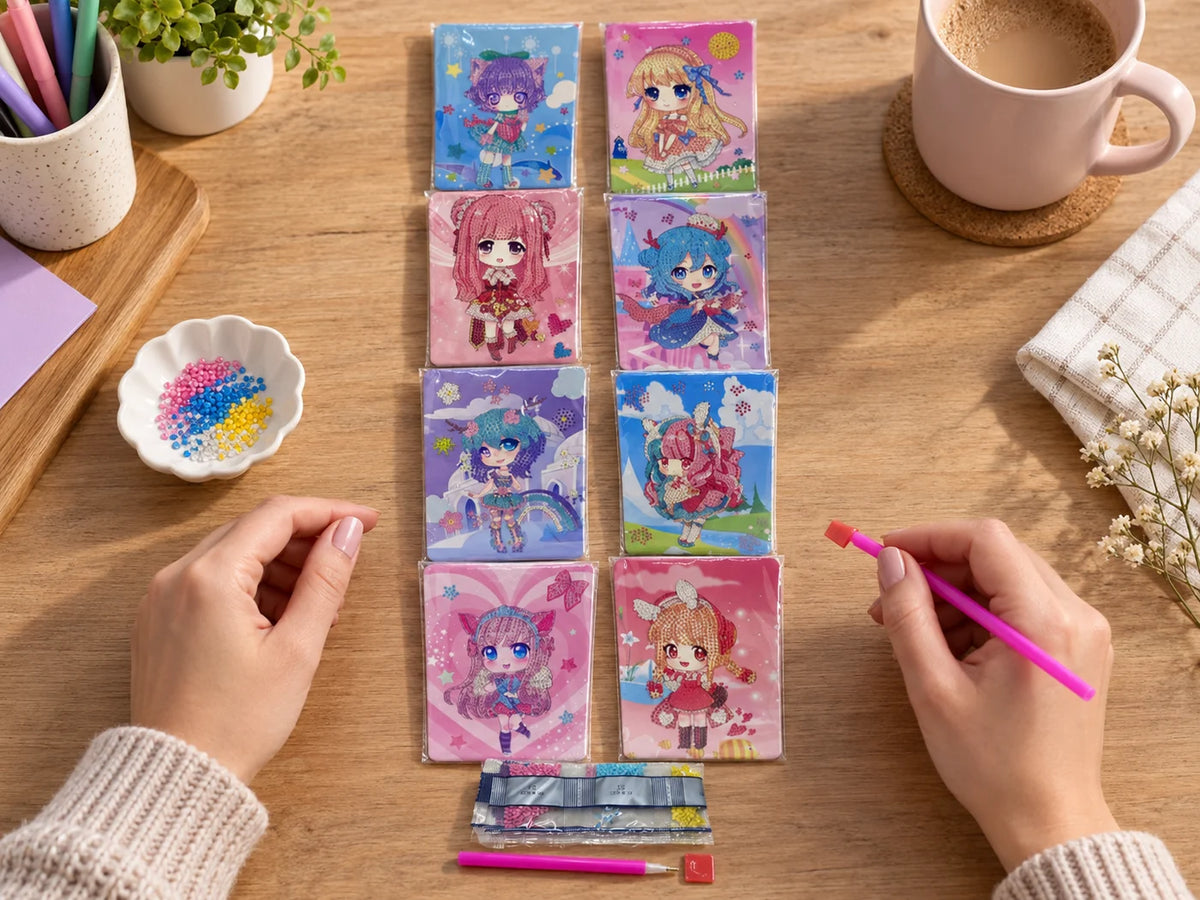 Ilustración IA — kit de pintura de diamantes muneca kawaii anime — ambientación de uso. Objetos de ambientación no incluidos.
