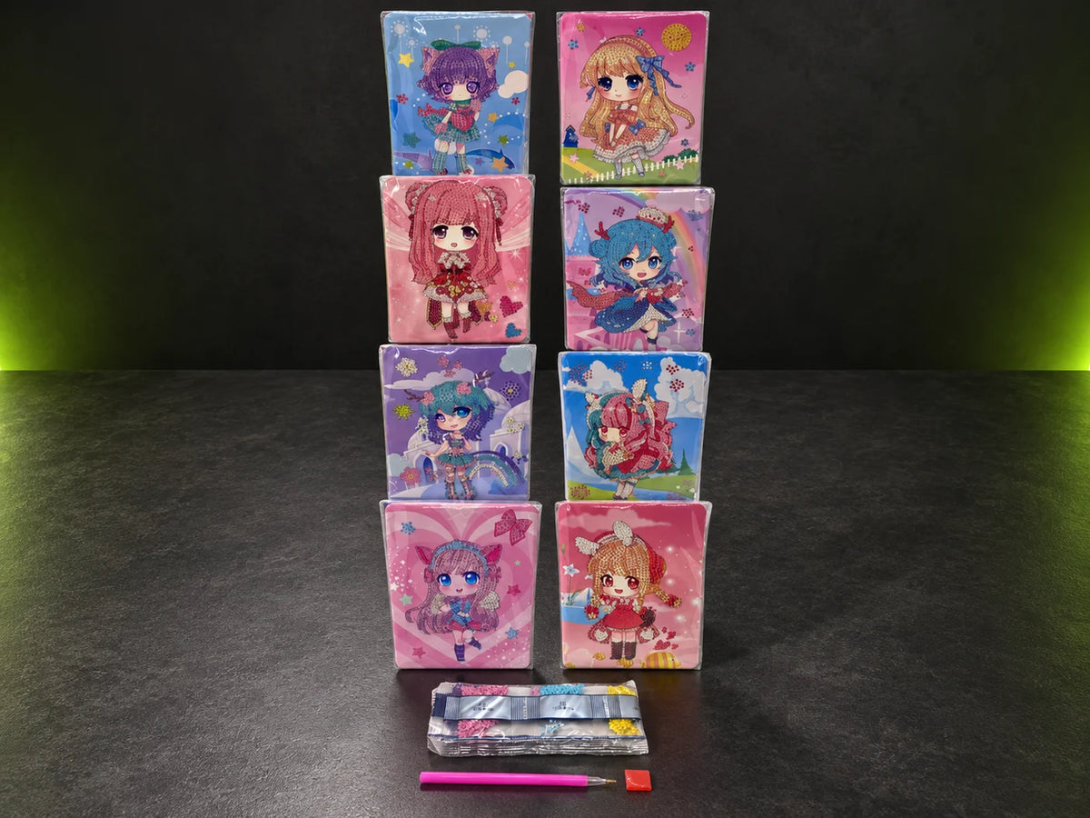 Ilustración IA — kit de pintura de diamantes muneca kawaii anime — presentación sobre mesa. Objetos de ambientación no incluidos.