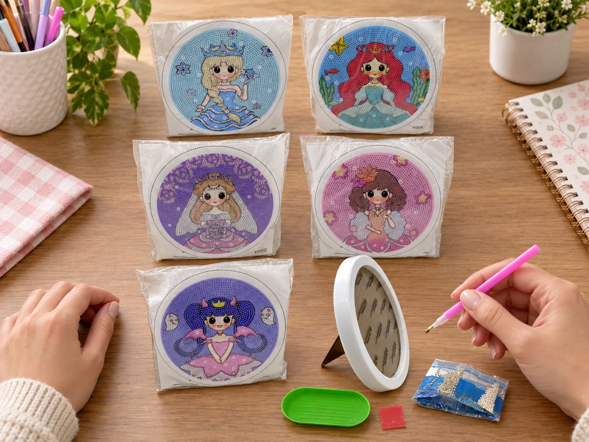 Ilustración IA — kit de pintura de diamantes princesa con portarretrato — ambientación de uso. Objetos de ambientación no incluidos.
