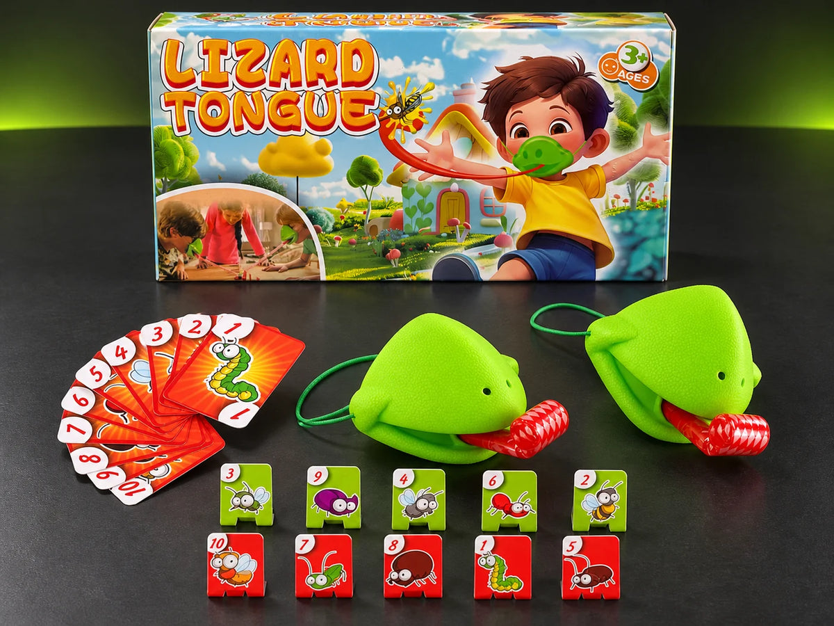 Ilustración IA — lengua de lagarto juego de reflejos — presentación sobre mesa. Objetos de ambientación no incluidos.