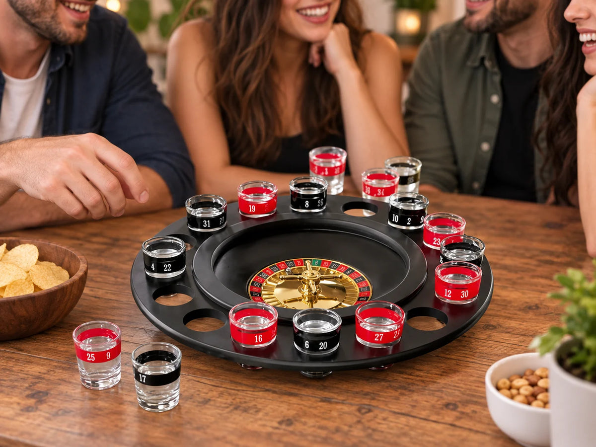 Ilustración IA — ruleta con vasos juego para adultos — ambientación de uso. Objetos de ambientación no incluidos.