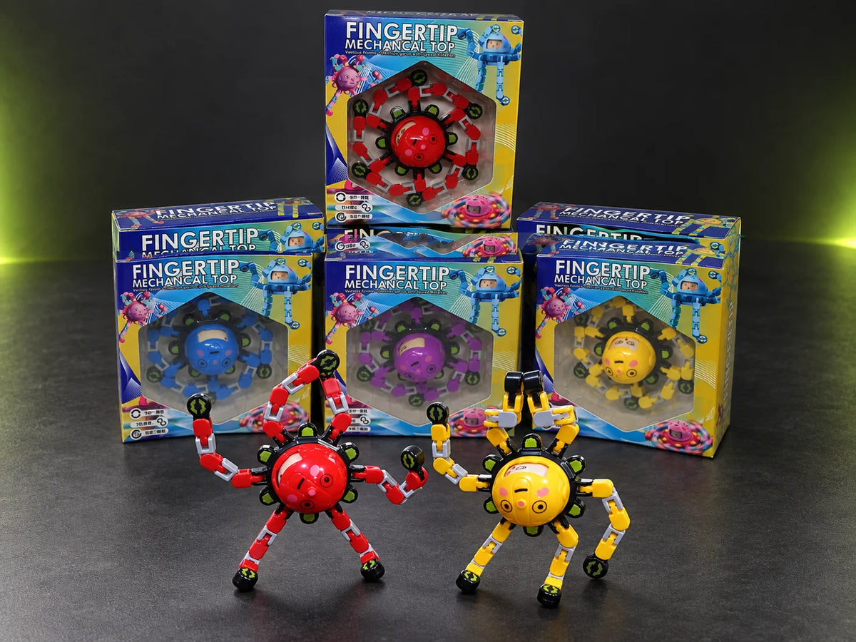 Ilustración IA — spinner antiestres articulado transformable — presentación sobre mesa. Objetos de ambientación no incluidos.