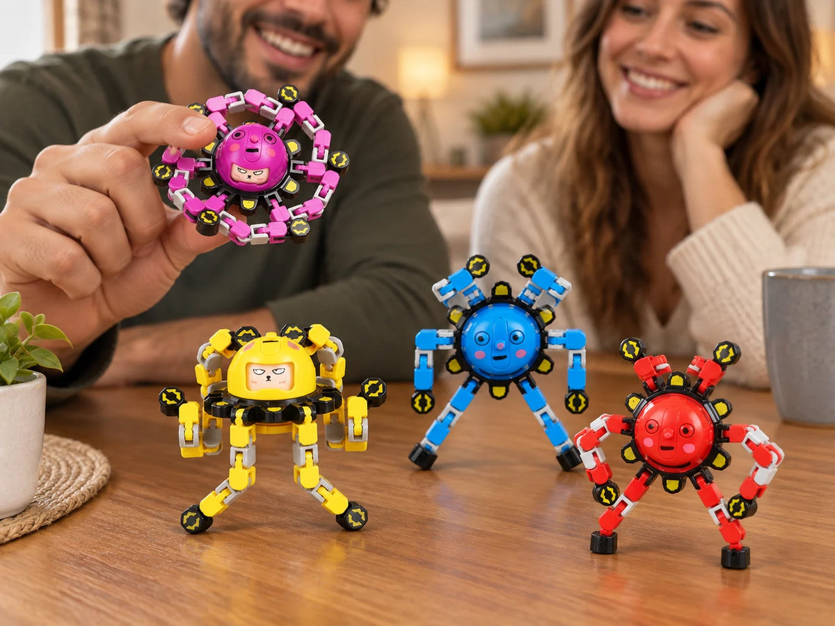 Ilustración IA — spinner antiestres transformable con carita — ambientación de uso. Objetos de ambientación no incluidos.