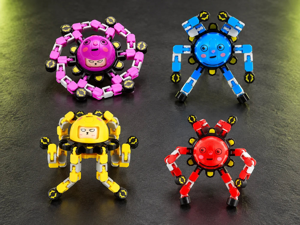 Ilustración IA — spinner antiestres transformable con carita — presentación sobre mesa. Objetos de ambientación no incluidos.