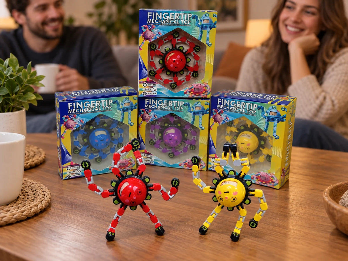 Ilustración IA — spinner antiestres transformable en caja de regalo — ambientación de uso. Objetos de ambientación no incluidos.