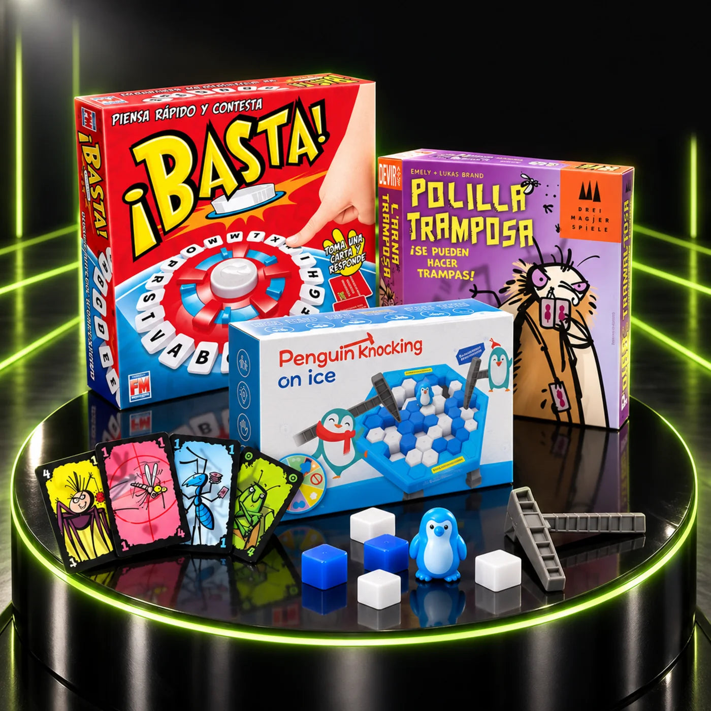 Los tres juegos del Pack Noche de Juegos: ¡Basta!, Polilla Tramposa y Salva al Pingüino