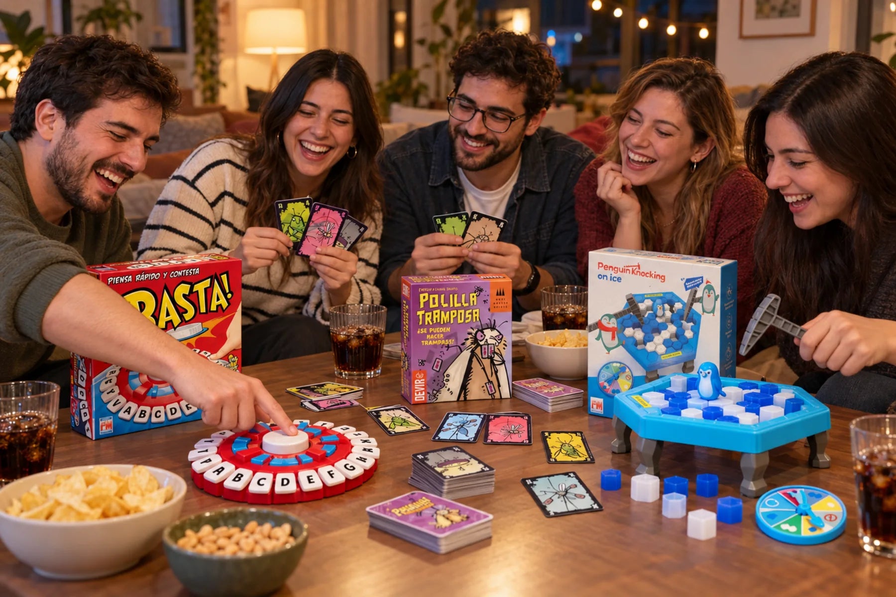 Amigos jugando ¡Basta!, Polilla Tramposa y Salva al Pingüino